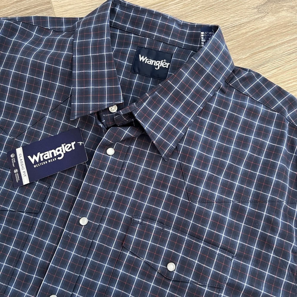 Wrangler Mens Wrinkle Resist LS Western Pearl Snap Shirt Blue Cowboy Size XXL 2X - Picture 2 of 11